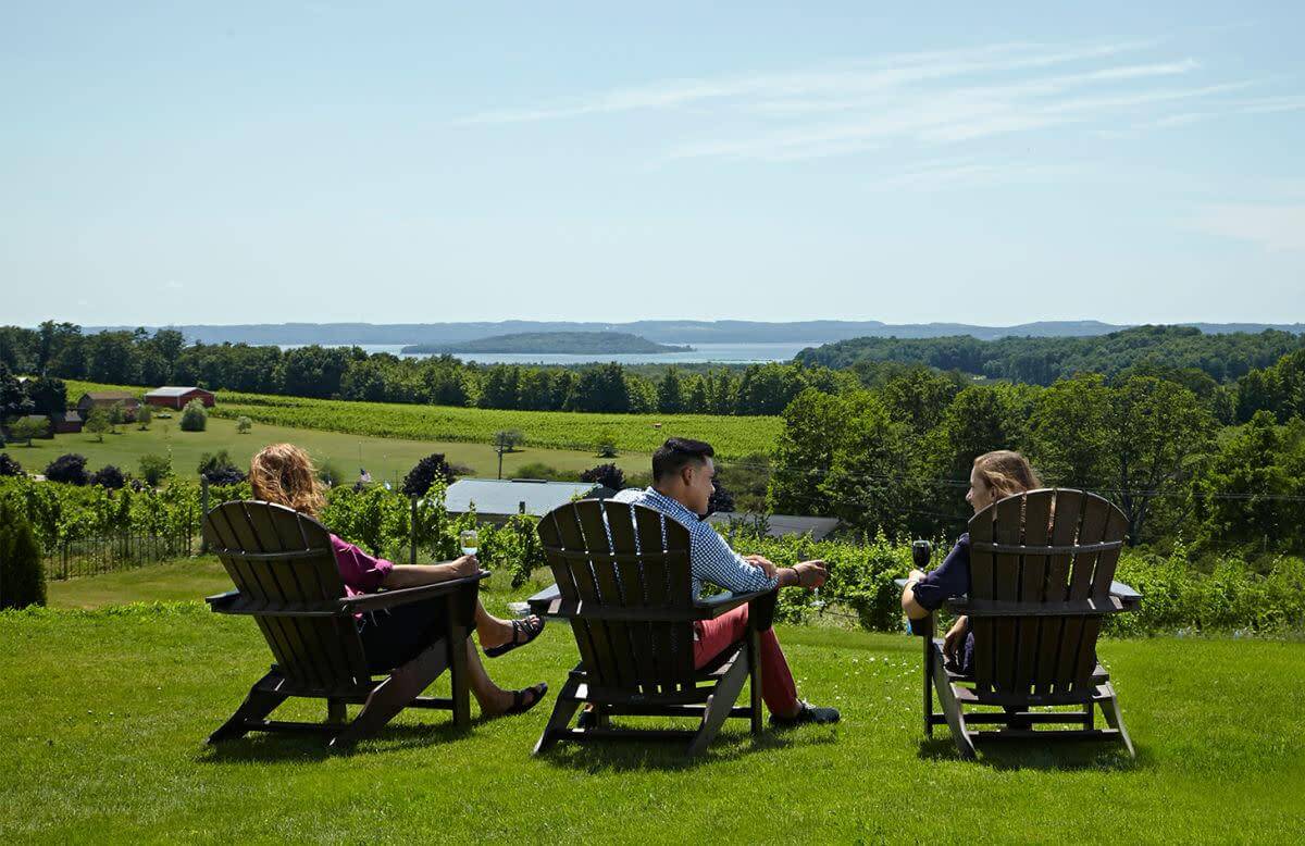 Wine and charcuterie with scenic vineyard view in Traverse City